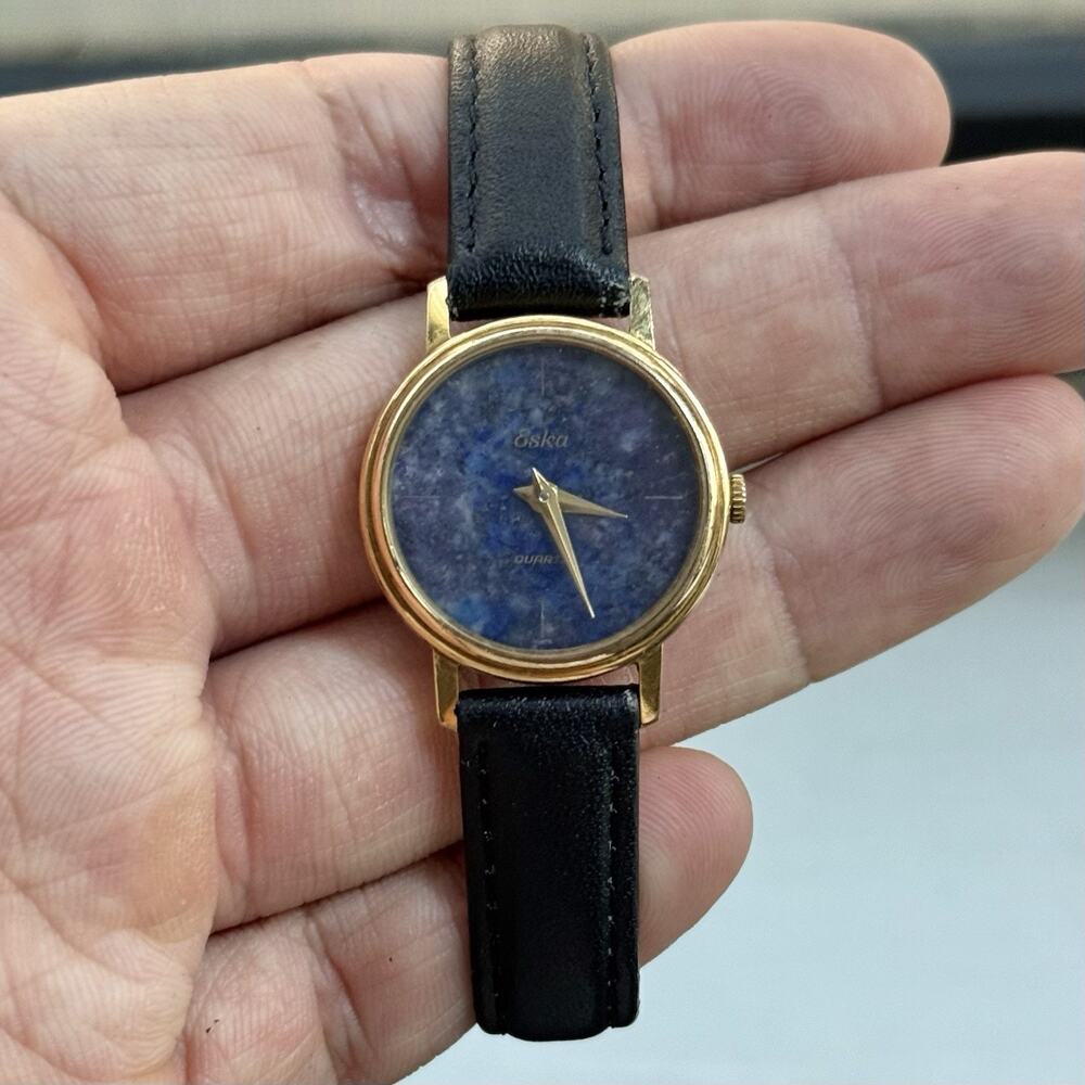 Vintage Eska Quartz Gold Plated Ladies Watch Lapis Lazuli Stone Dial 24mm Womens